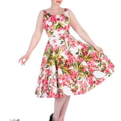 50s Pink Maureen Floral Swing Dress In White