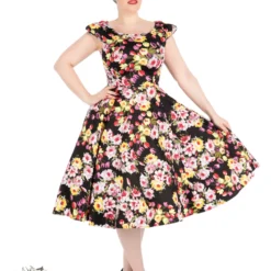Black Floral Vintage 50s Prom Swing Flared Dress