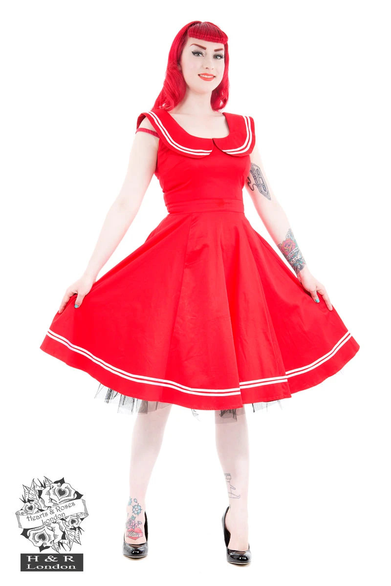 Red Sailor Dress With Round Collar