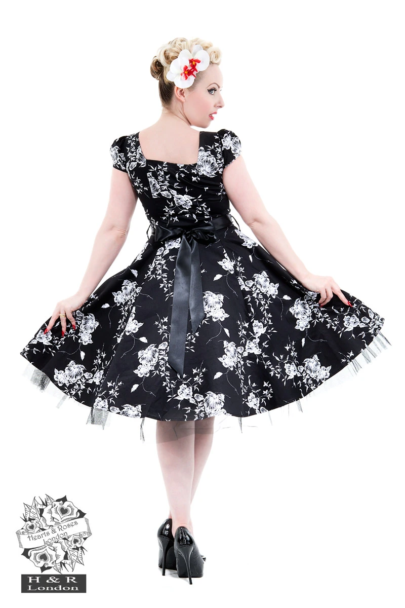 50's Imitation Black White Floral Tea Dress - Image 2