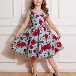 50s Ditsy Rose Floral Summer Dress In Blue