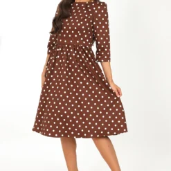 Milana Polka Dot Swing Dress In Brown