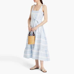 Heidi Klein Blue & White Tiered Printed Linen Midi Dress