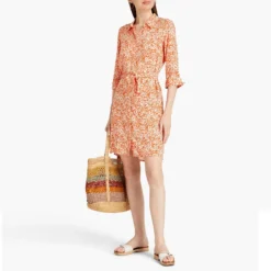 Heidi Klein Orange Belted Printed Woven Mini Shirt Dress