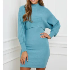 SOFT CASHMERE Blue Cashmere Blend High Neck Jumper Dress
