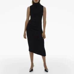 HELMUT LANG Black High Neck Merino Wool Blend Midi Dress