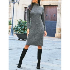 SOSANDAR Charcoal Grey Roll Neck Rib Jumper Dress