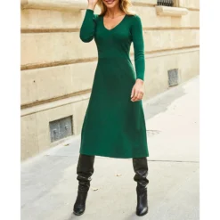 SOSANDAR Emerald Green V Neck Rib Fit Flare Knitted Dress