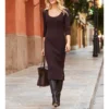 SOSANDAR Chocolate Brown Knitted Scoop Neck Midi Dress