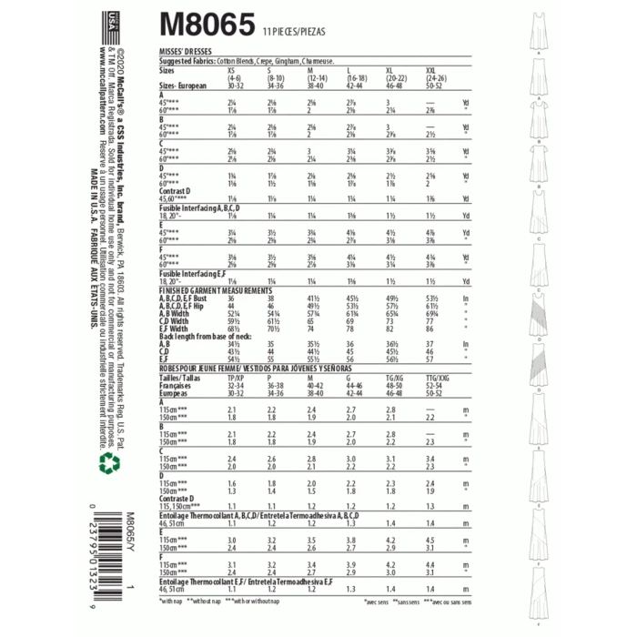 McCalls Sewing Pattern 8065 (Y) - Misses Dress XS-M M8065Y XS-M