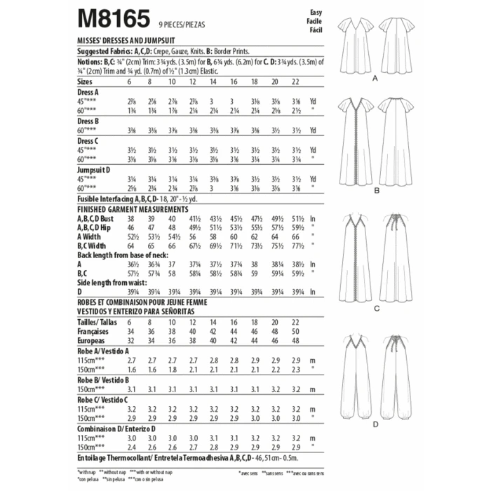 McCalls Sewing Pattern 8165 (E5) - Carmen Dress & Jumpsuit 14-22 M8165E5 14-22