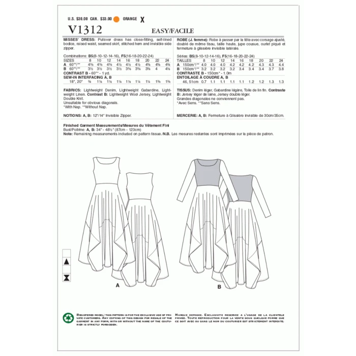 Vogue Sewing Pattern 1312 (B5) - Misses Dress 8-16 V1312 B5 8-16