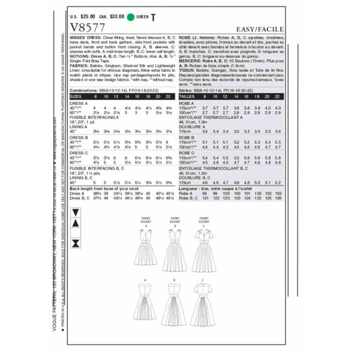 Vogue Sewing Pattern 8577 (FF) - Misses Dress 16-22 V8577 16-22