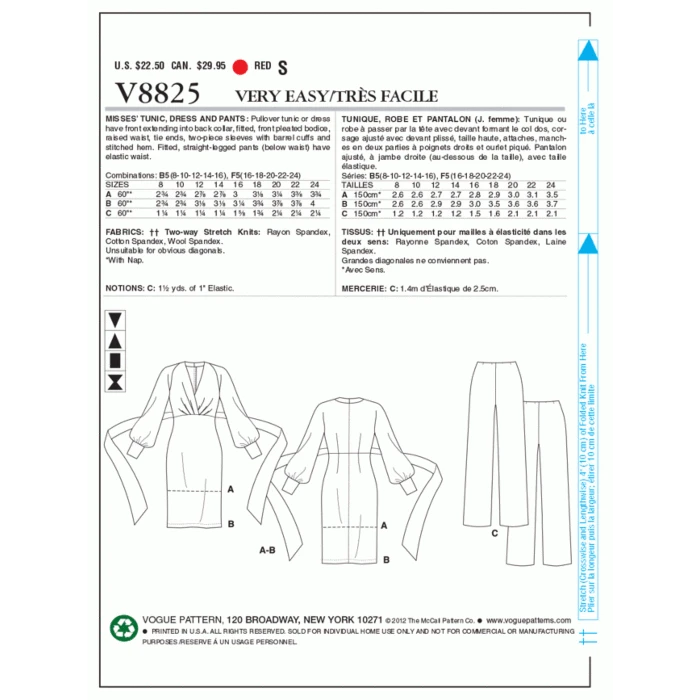Vogue Sewing Pattern 8825 (B5) - Misses Tunic Dress & Pants 8-16 V8825 8-16 - Image 2