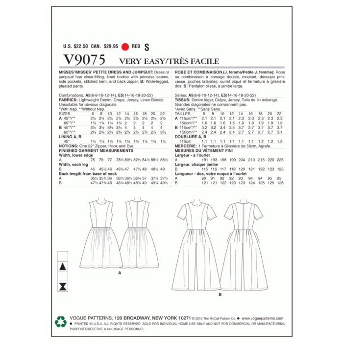 Vogue Sewing Pattern 9075 (E5) - Misses Dress & Jumpsuit V9075 14-22 V9075 14-22