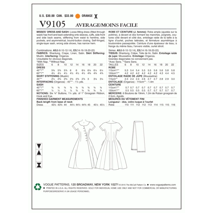 Vogue Sewing Pattern 9105 (A5) - Misses Dress & Sash V9105 6-14 V9105 6-14 - Image 2