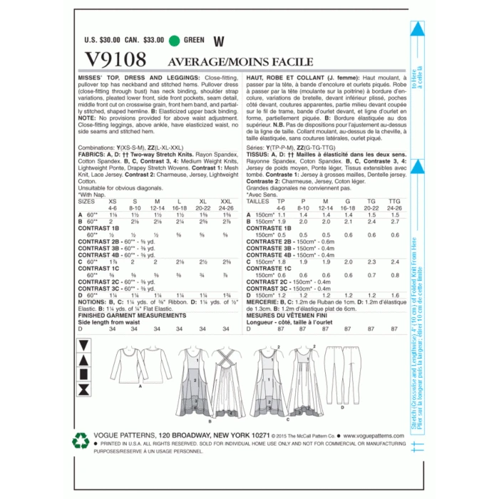 Vogue Sewing Pattern 9108 (ZZ) - Misses Top Dress & Leggings L-XXL V9108 L-XXL