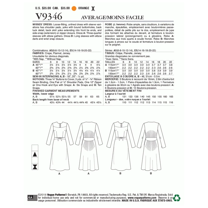 Vogue Sewing Pattern 9346 (A5) - Misses Dress 6-14 V9346 6-14