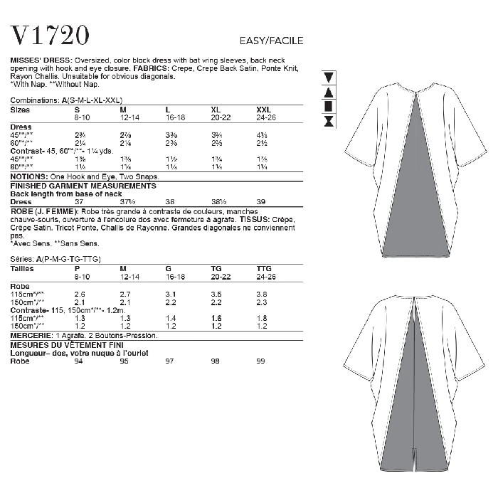 Vogue Sewing Pattern 1720 (A) - Misses Dress S-XXL V1720A S-XXL