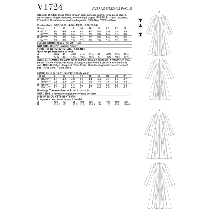 Vogue Sewing Pattern 1724 (F5) - Misses Dress 16-24 V1724F5 16-24