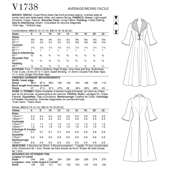 Vogue Sewing Pattern 1738 (E5) - Misses Fit & Flare Dress 14-22 V1738E5 14-22