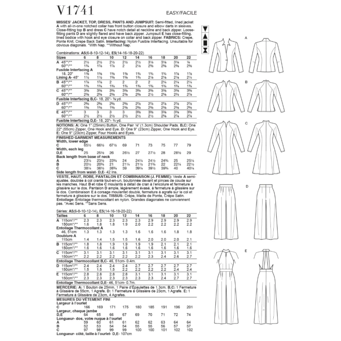 Vogue Sewing Pattern 1741 (A5) - Misses Jacket Top Dress & Pants 6-14 V1741A5 6-14