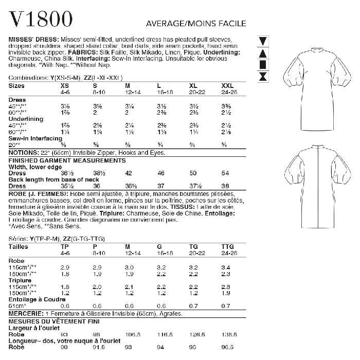 Vogue Sewing Pattern 1800 (ZZ) - Misses Dress V1800ZZ L-XXL V1800ZZ L-XXL