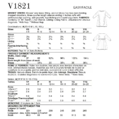 Vogue Sewing Pattern 1821 (A) - Misses Dress XS-XXL V1821A XS-XXL