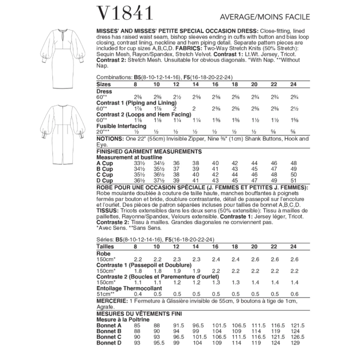 Vogue Sewing Pattern 1841 (B5) - Misses Petite Occasion Dress 8-16 V1841B5 8-16
