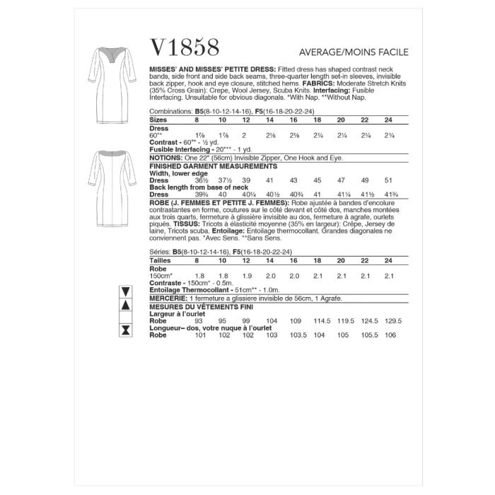 Vogue Sewing Pattern 1858 (F5) - Misses Petite Dress 16-24 V1858F5 16-24