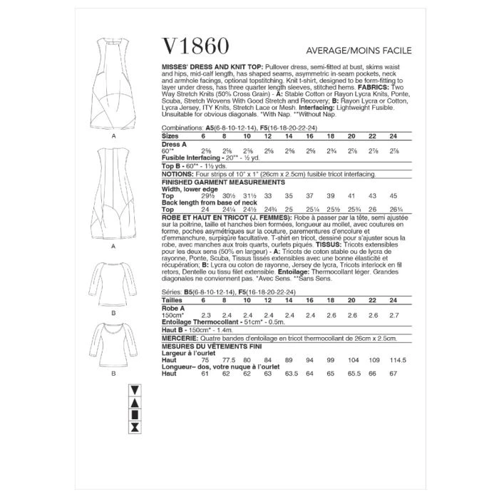 Vogue Sewing Pattern 1860 (A5) - Misses Dress & Knit Top 6-14 V1860A5 6-14