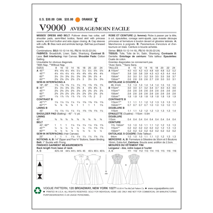 Vogue Sewing Pattern 9000 (B5) - Misses Vintage Dress 8-16 V9000 8-16